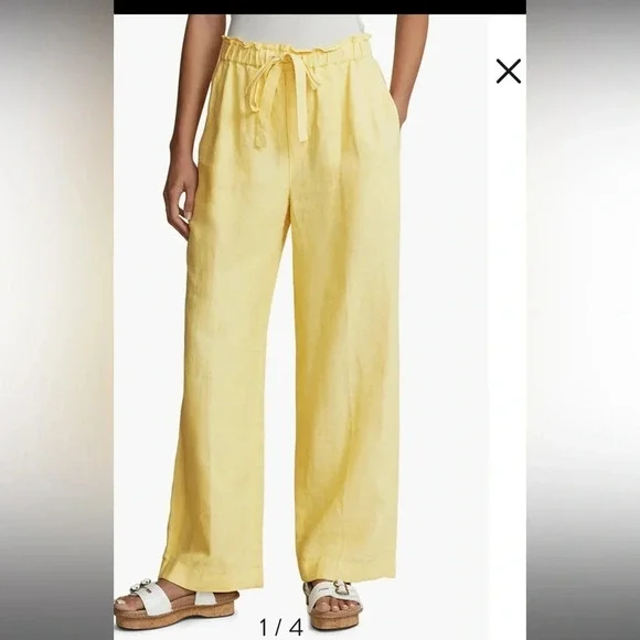 POLO RALPH LAUREN HIGH-WAISTED WIDE-LEG LINEN PANTS IN YELLOW Sz : L